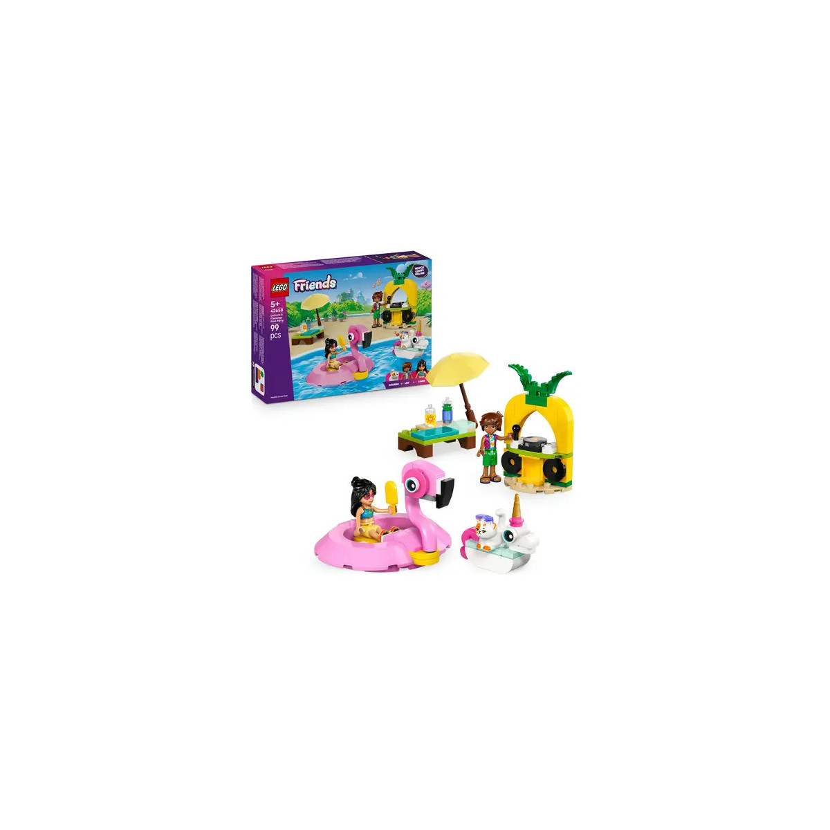 LEGO Friends Strandset mit Figuren, pinkem Flamingo-Schwimmtier und Zubehör neben der Verpackung.