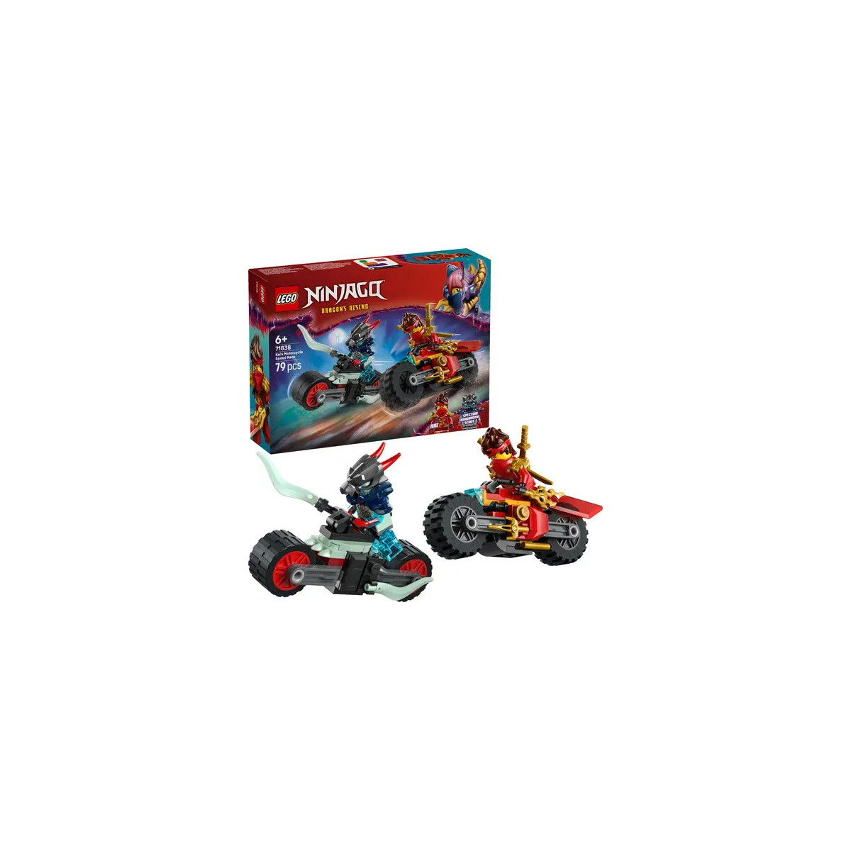 LEGO Ninjago Set mit zwei Motorrädern, zwei Minifiguren und Verpackung im Hintergrund.