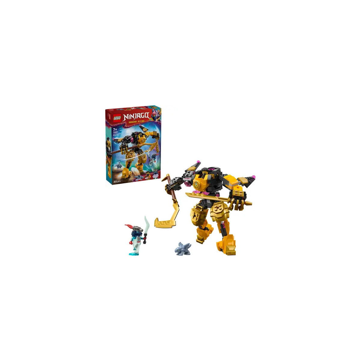 LEGO Ninjago Set mit gelbem Mech, zwei Minifiguren, kleinem Wesen und Verpackung im Hintergrund.