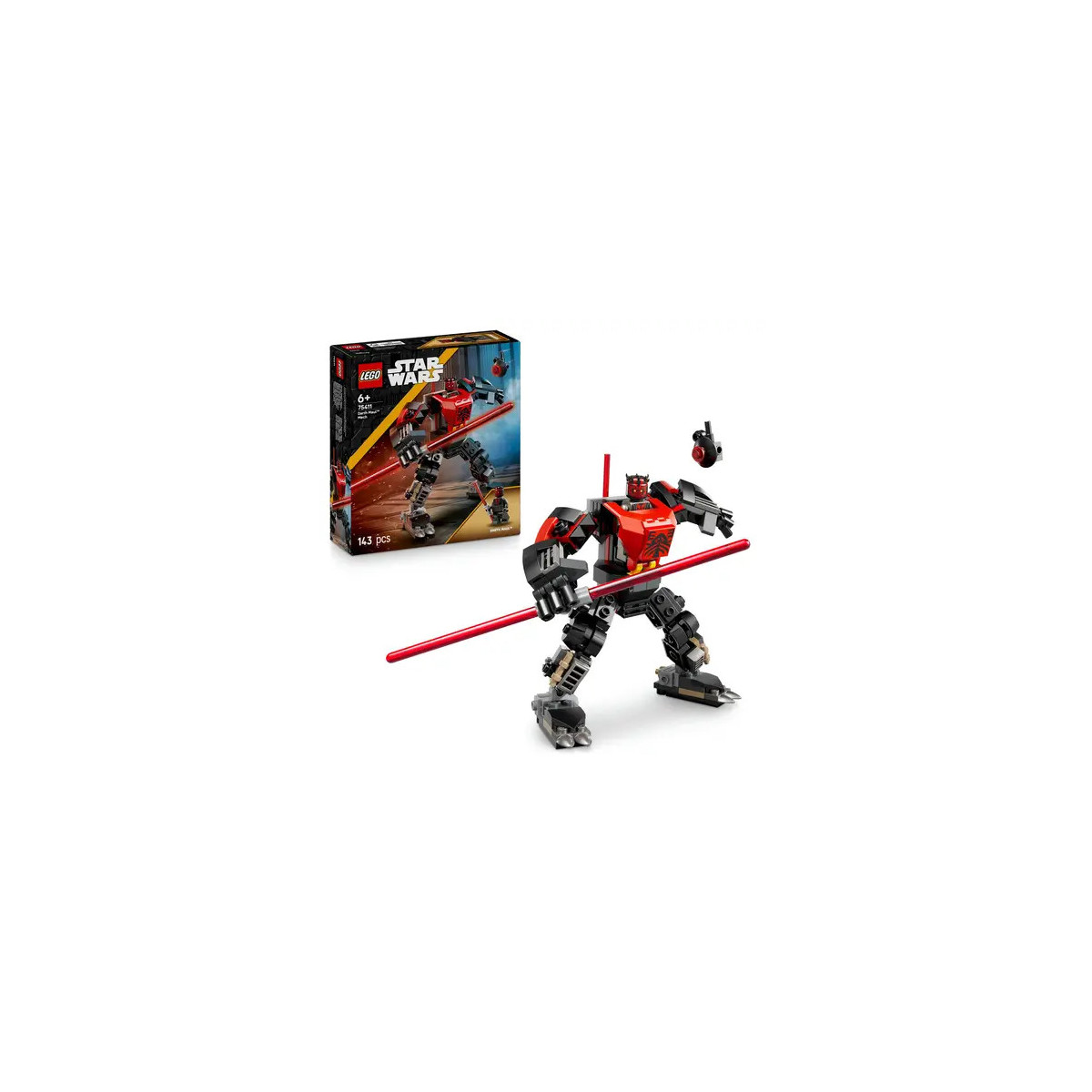 LEGO Star Wars Set mit rot-schwarzem Droiden und roten Lichtschwertern, Verpackung im Hintergrund.