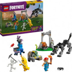 LEGO Fortnite Set mit Minifiguren, Tieren, Bauwerken und Verpackung auf weißem Hintergrund.