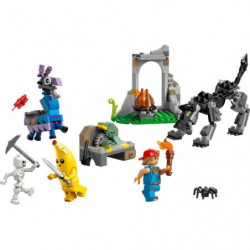 LEGO Fortnite Set mit Minifiguren, Tieren, Bauwerken und Verpackung auf weißem Hintergrund.