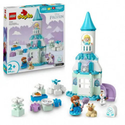 img_0:LEGO Disney Frozen Schloss-Spielset mit Figuren, Zubehör und Verpackung im Hintergrund.