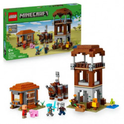 LEGO Minecraft Set mit Box, Wachturm, Haus und Minifiguren auf weißem Hintergrund.