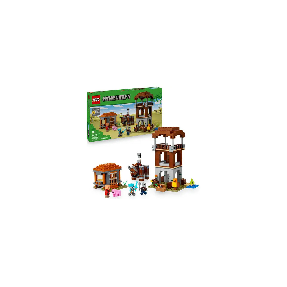 LEGO Minecraft Set mit Box, Wachturm, Haus und Minifiguren auf weißem Hintergrund.