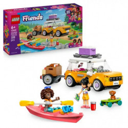 LEGO Friends Set mit Auto, Anhänger, Kajak, zwei Minipuppen und Zubehör vor der Verpackung dargestellt.