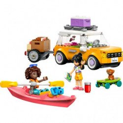 LEGO Friends Set mit Auto, Anhänger, Kajak, zwei Minipuppen und Zubehör vor der Verpackung dargestellt.