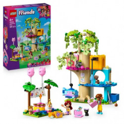 LEGO Friends Baumhaus-Set mit Minifiguren, Tieren und Verpackung im Hintergrund.
