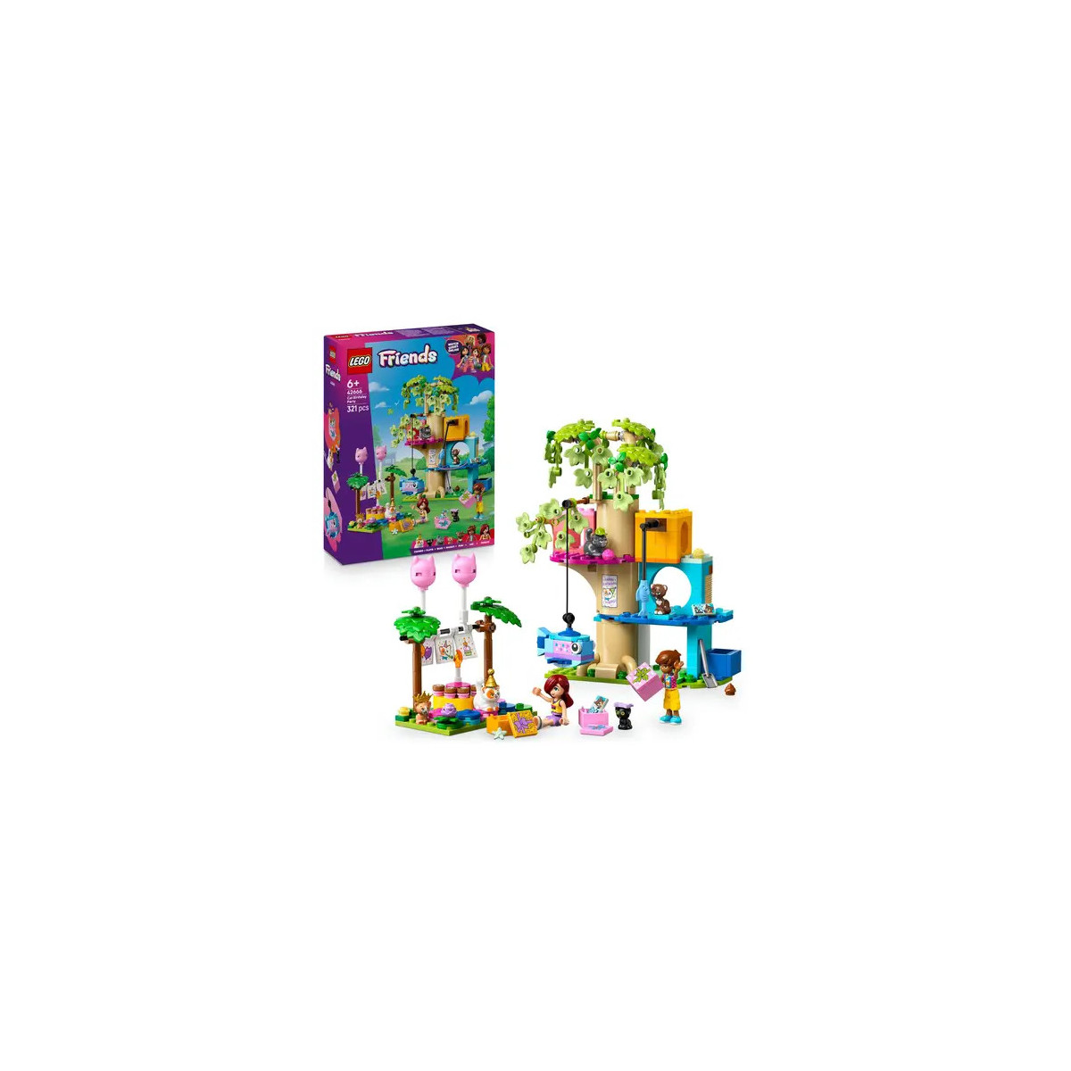 LEGO Friends Baumhaus-Set mit Minifiguren, Tieren und Verpackung im Hintergrund.