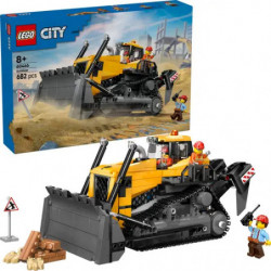 LEGO City Set: Bulldozer, zwei Bauarbeiter, Baustellenschild und Verpackung im Hintergrund.