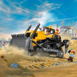LEGO City Set: Bulldozer, zwei Bauarbeiter, Baustellenschild und Verpackung im Hintergrund.