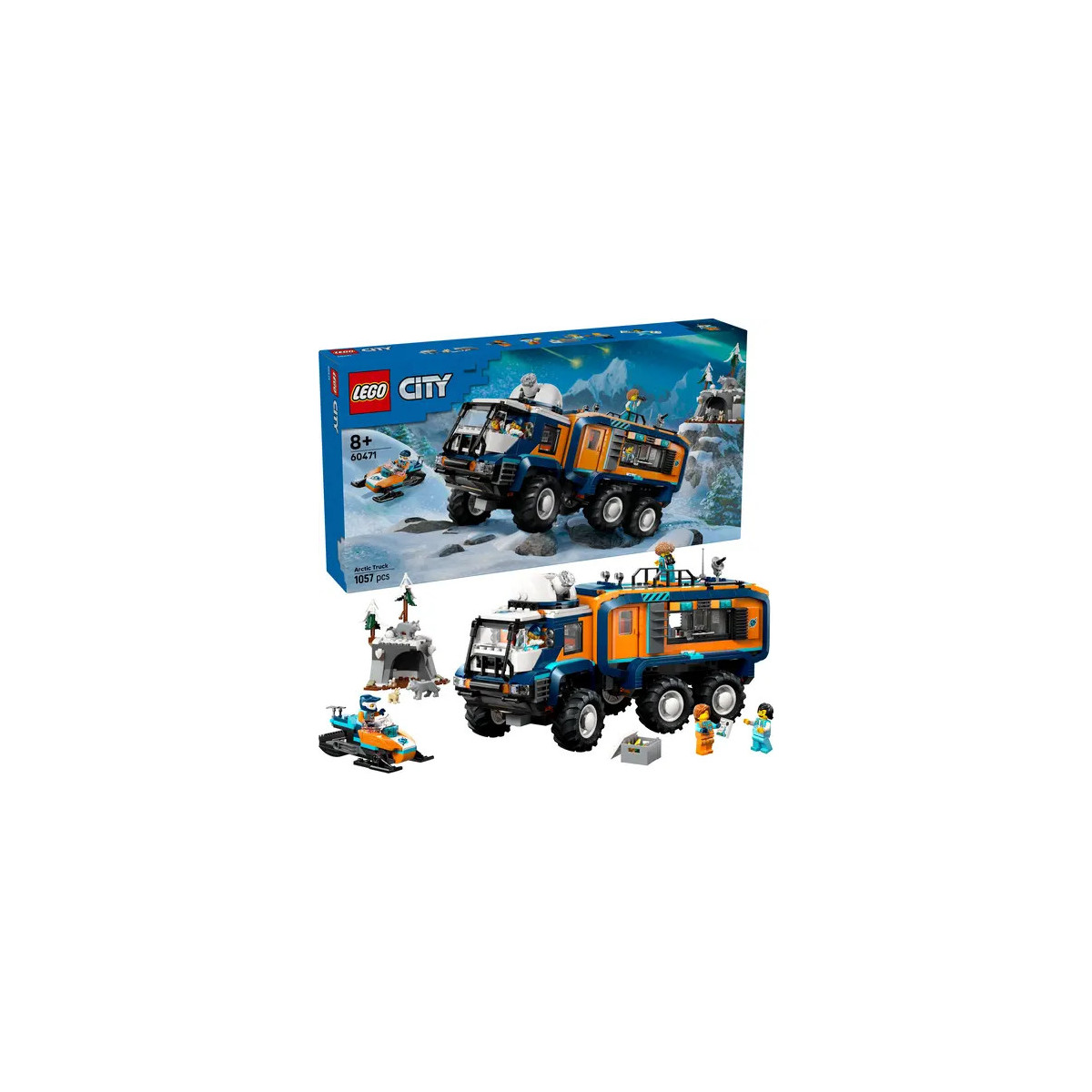 LEGO City Arctic Explorer Truck: Set mit Minifiguren, Schlitten, Tieren und Eisberg-Hintergrund auf der Verpackung.