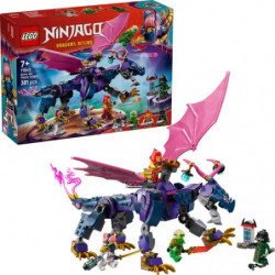 LEGO Ninjago Set mit lila Drache, Minifiguren und Verpackung im Hintergrund.