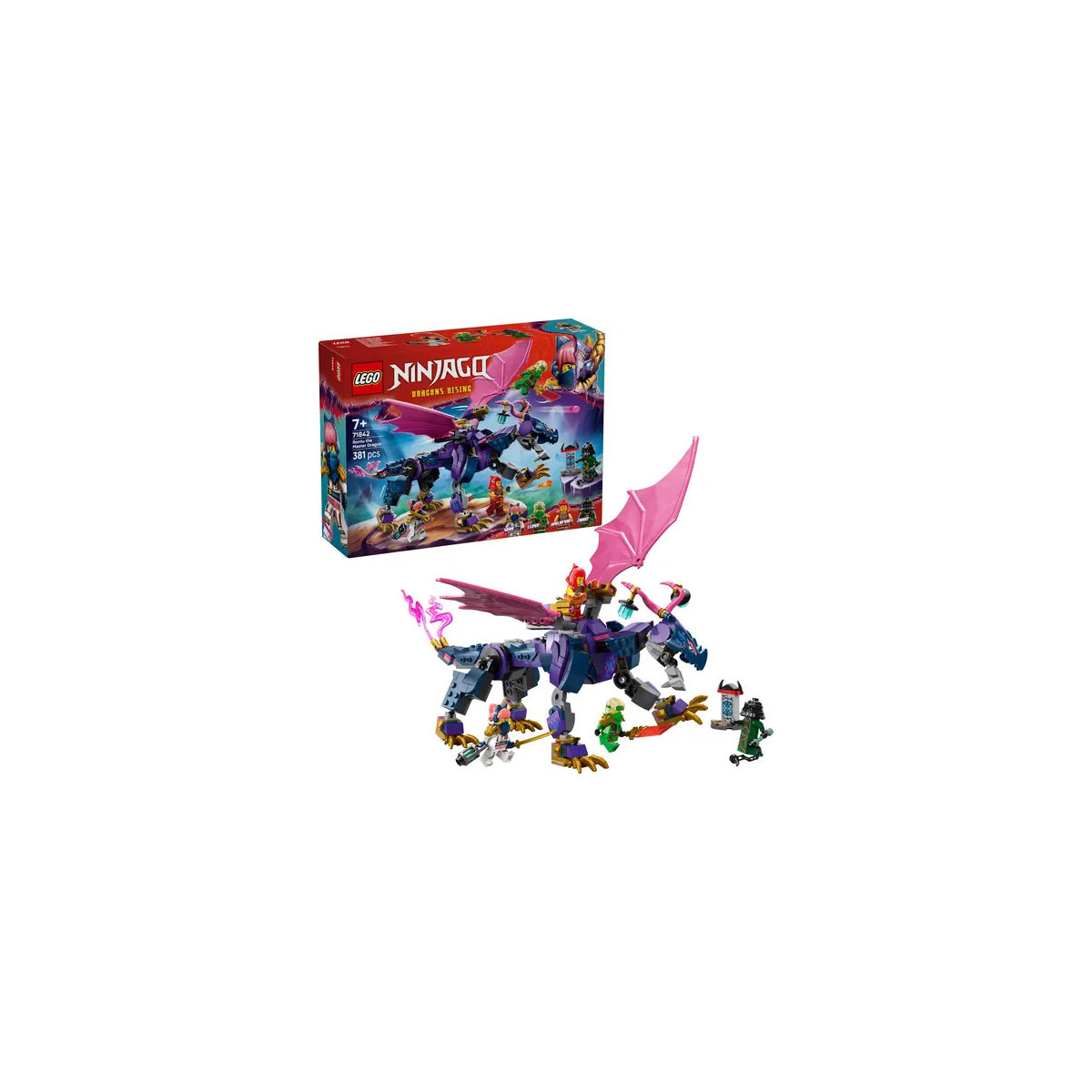 LEGO Ninjago Set mit lila Drache, Minifiguren und Verpackung im Hintergrund.