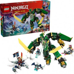 LEGO Ninjago Set mit grünem Drachen, Minifiguren und Zubehör, Verpackung im Hintergrund.
