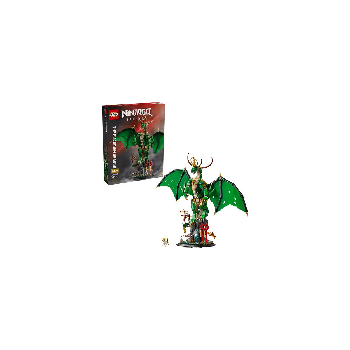 LEGO Ninjago Set mit grünem Drachen, Minifiguren und der Verpackung im Hintergrund.