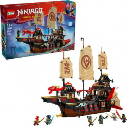 LEGO Ninjago Schiff mit Originalverpackung und Minifiguren auf weißem Hintergrund ausgestellt.