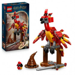 LEGO Harry Potter Fawkes Set mit Phönixfigur, sprechendem Hut, Zauberstab und Markenbox im Hintergrund.