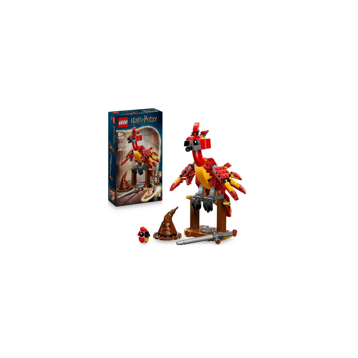 LEGO Harry Potter Fawkes Set mit Phönixfigur, sprechendem Hut, Zauberstab und Markenbox im Hintergrund.