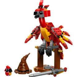 LEGO Harry Potter Fawkes Set mit Phönixfigur, sprechendem Hut, Zauberstab und Markenbox im Hintergrund.