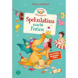 Buchcover-Illustration mit Drache, Mädchen und Sommermotiven; Titel: Spekulatius macht Ferien.