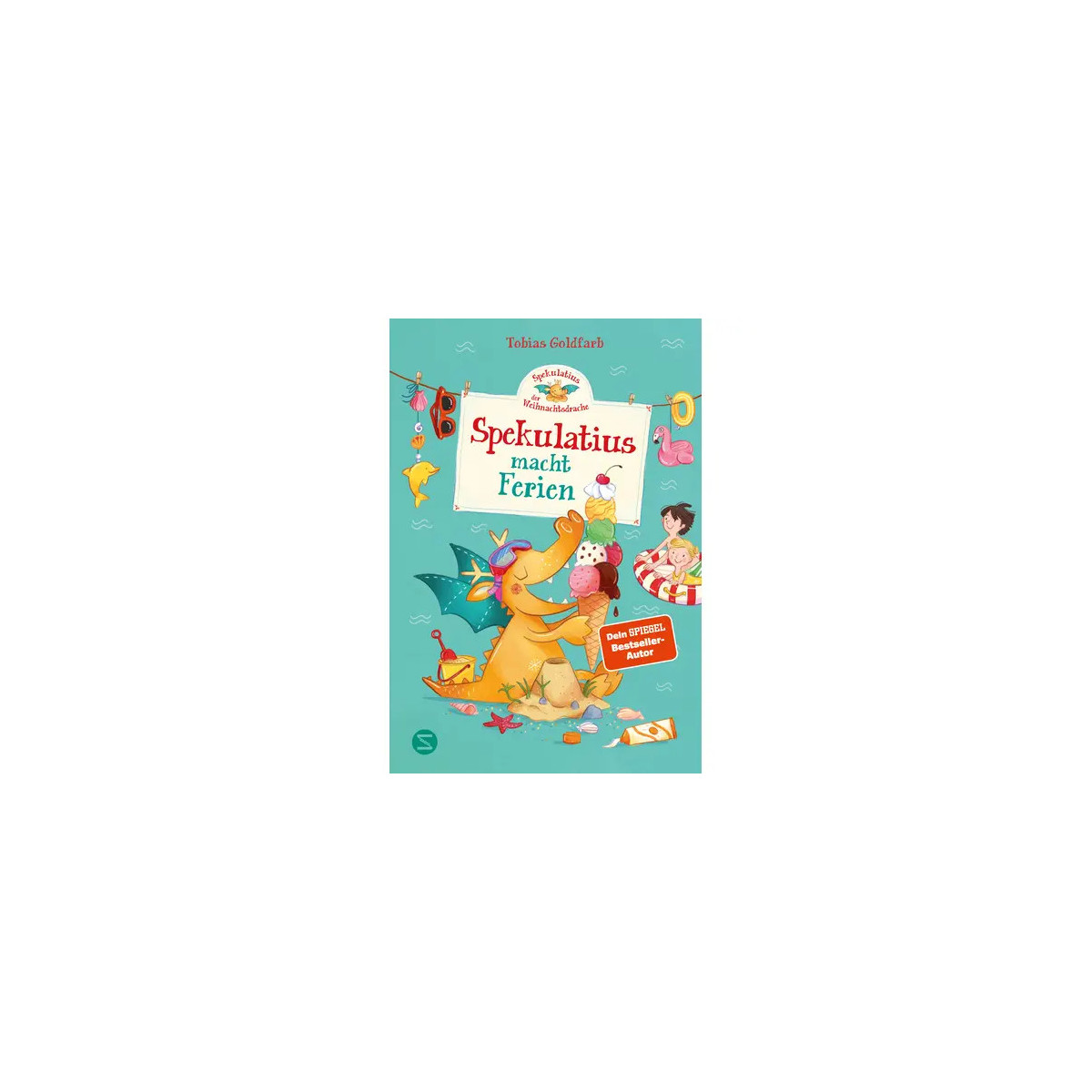 Buchcover-Illustration mit Drache, Mädchen und Sommermotiven; Titel: Spekulatius macht Ferien.