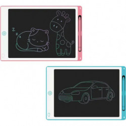 Zwei LCD-Zeichentafeln für Kinder zeigen farbige Kritzeleien von Auto, Katze und Hund auf ihren Bildschirmen.