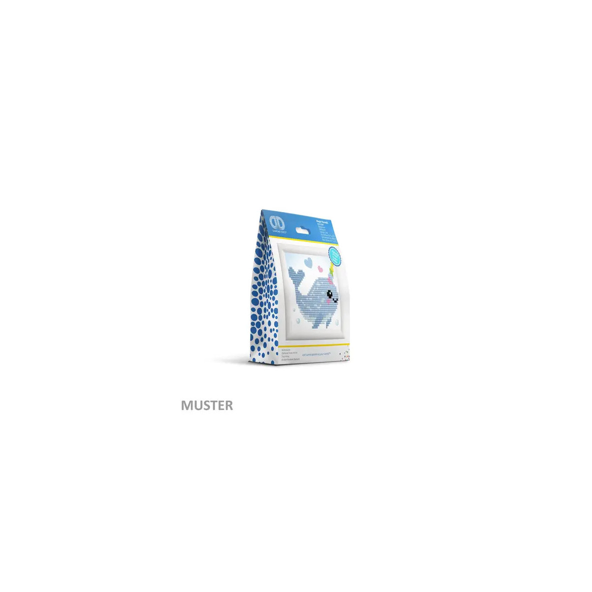 Blau-weiß gemusterte Geschenktüte mit Tiermotiv und „MUSTER“-Aufdruck vor weißem Hintergrund.