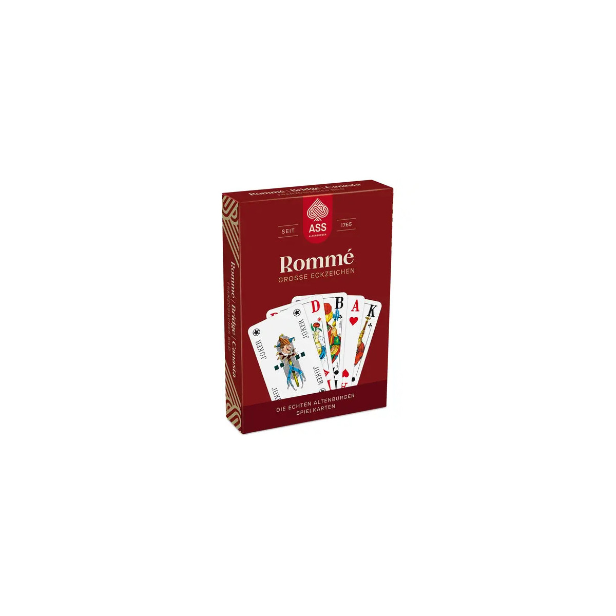 Rote Rommé-Spielkartenbox mit vier abgebildeten Karten: Bube, Dame, König und Ass.