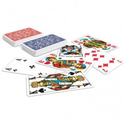 Rote Rommé-Spielkartenbox mit vier abgebildeten Karten: Bube, Dame, König und Ass.