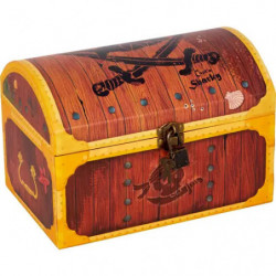 Holztruhe mit gelben Kanten, Verschluss und Piratenmotiven auf weißem Hintergrund.