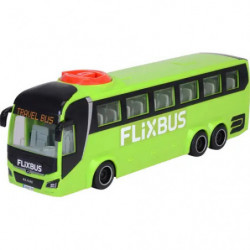 Grüner FlixBus-Spielzeugbus mit rotem Knopf oben, freigestellt vor weißem Hintergrund.