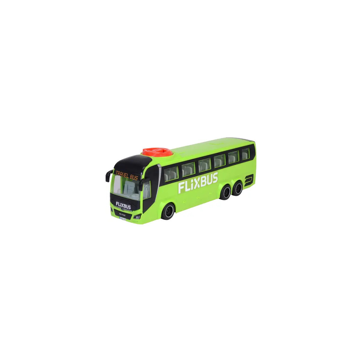 Grüner FlixBus-Spielzeugbus mit rotem Knopf oben, freigestellt vor weißem Hintergrund.