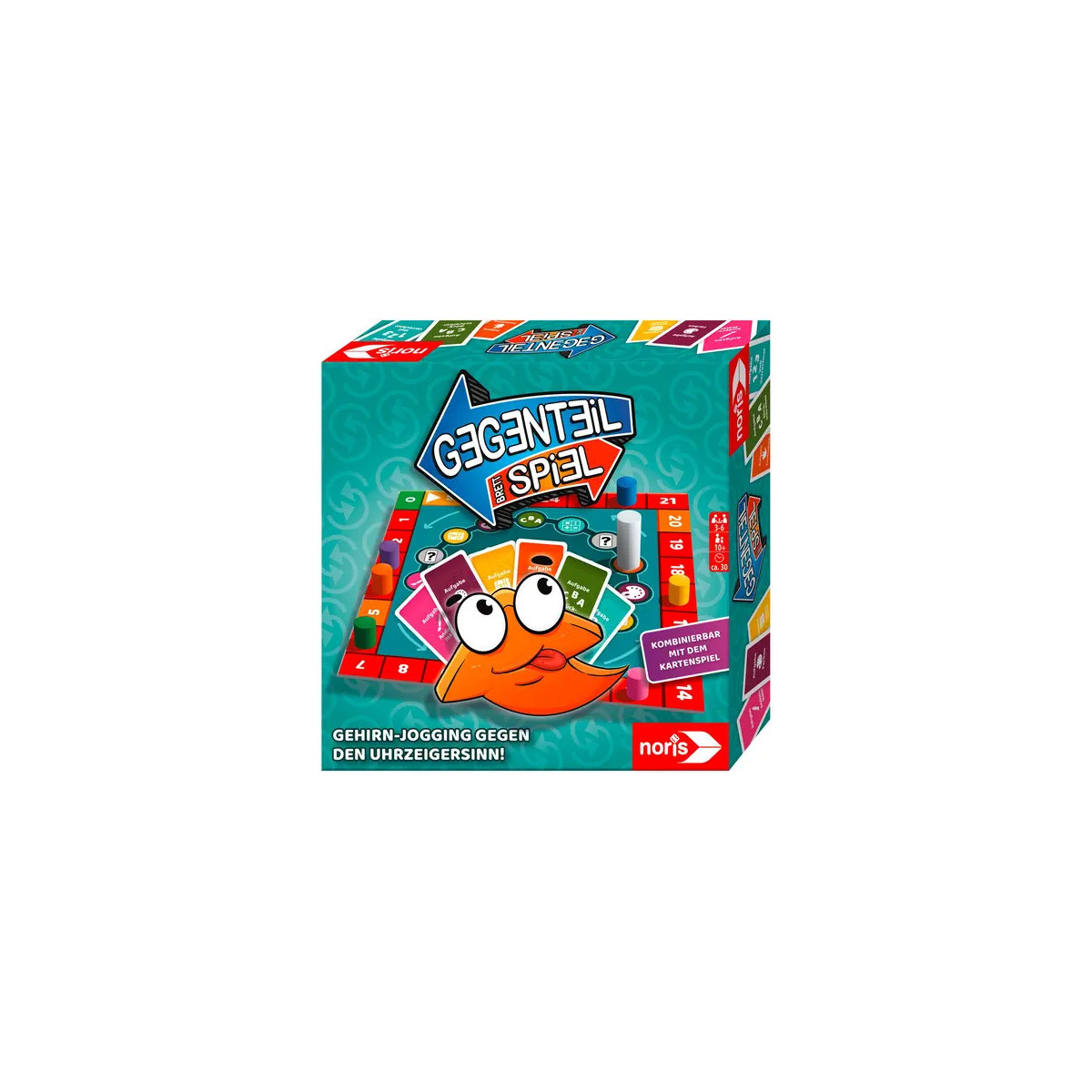 Bunte Brettspielbox mit Comic-Fisch und dem Schriftzug „Gegenteil Spiel“ auf türkisfarbenem Hintergrund.