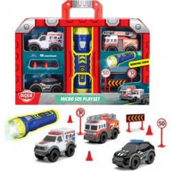 Spielset mit Polizeiautos, Verkehrsschildern, Taschenlampe und rotem Transportkoffer.