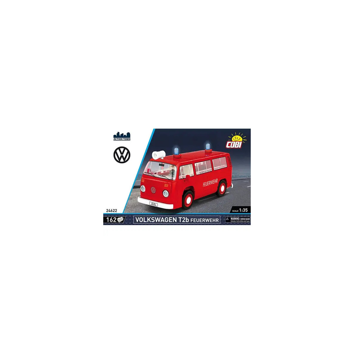 Rotes Volkswagen T2b Feuerwehr-Modellauto in blau-schwarzer Verpackung.