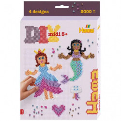 Hama Bead Kit Box mit Prinzessin- und Meerjungfrau-Motiven, „Midi 5+“, vier Designs, 2000 Perlen.