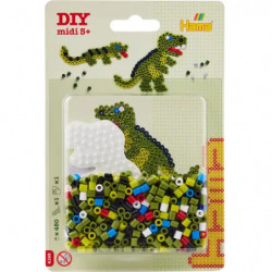DIY-Perlenset mit Dinosaurier-Design auf der Verpackung und bunten Perlen im transparenten Beutel.