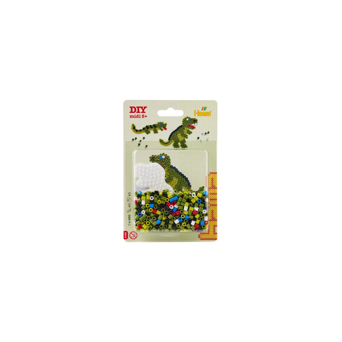 DIY-Perlenset mit Dinosaurier-Design auf der Verpackung und bunten Perlen im transparenten Beutel.