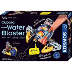 Kosmos Cyborg Water Blaster: Science-Kit-Box mit farbigem Spielzeugbild und Text auf dunklem Hintergrund.