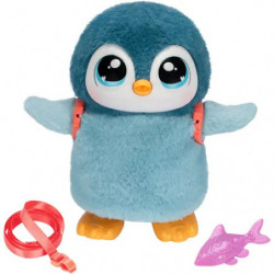 Blauer Plüschpinguin mit Rucksack neben rosa Fischspielzeug und rosa Leine.