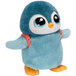 Blauer Plüschpinguin mit Rucksack neben rosa Fischspielzeug und rosa Leine.