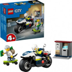 LEGO City Set: Polizei-Motorrad, Minifiguren, Skateboard, Geldautomat und Verpackung abgebildet.