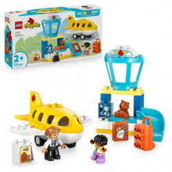 img_0:LEGO Duplo Flughafen-Spielset mit gelbem Flugzeug, Tower, Figuren, Gepäck und Box im Hintergrund.