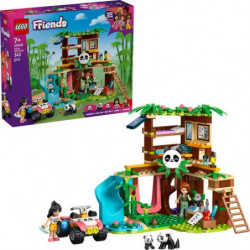 LEGO Friends Baumhaus-Spielset mit Panda-Figuren, Rutsche, Zubehör und Spielzeugbox im Hintergrund.