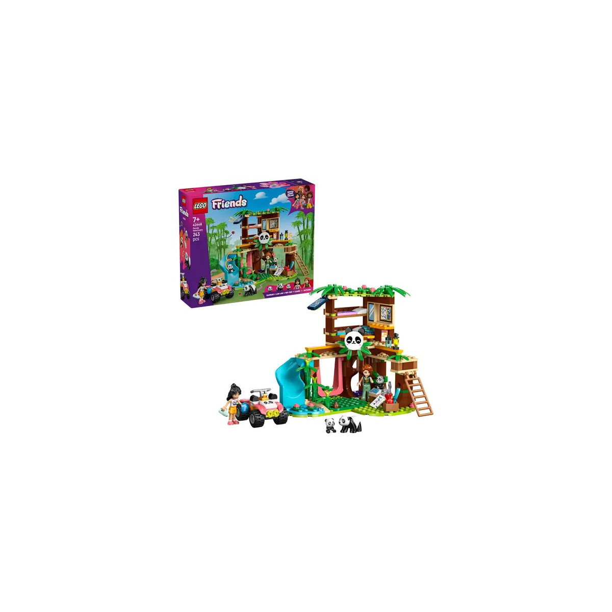 LEGO Friends Baumhaus-Spielset mit Panda-Figuren, Rutsche, Zubehör und Spielzeugbox im Hintergrund.