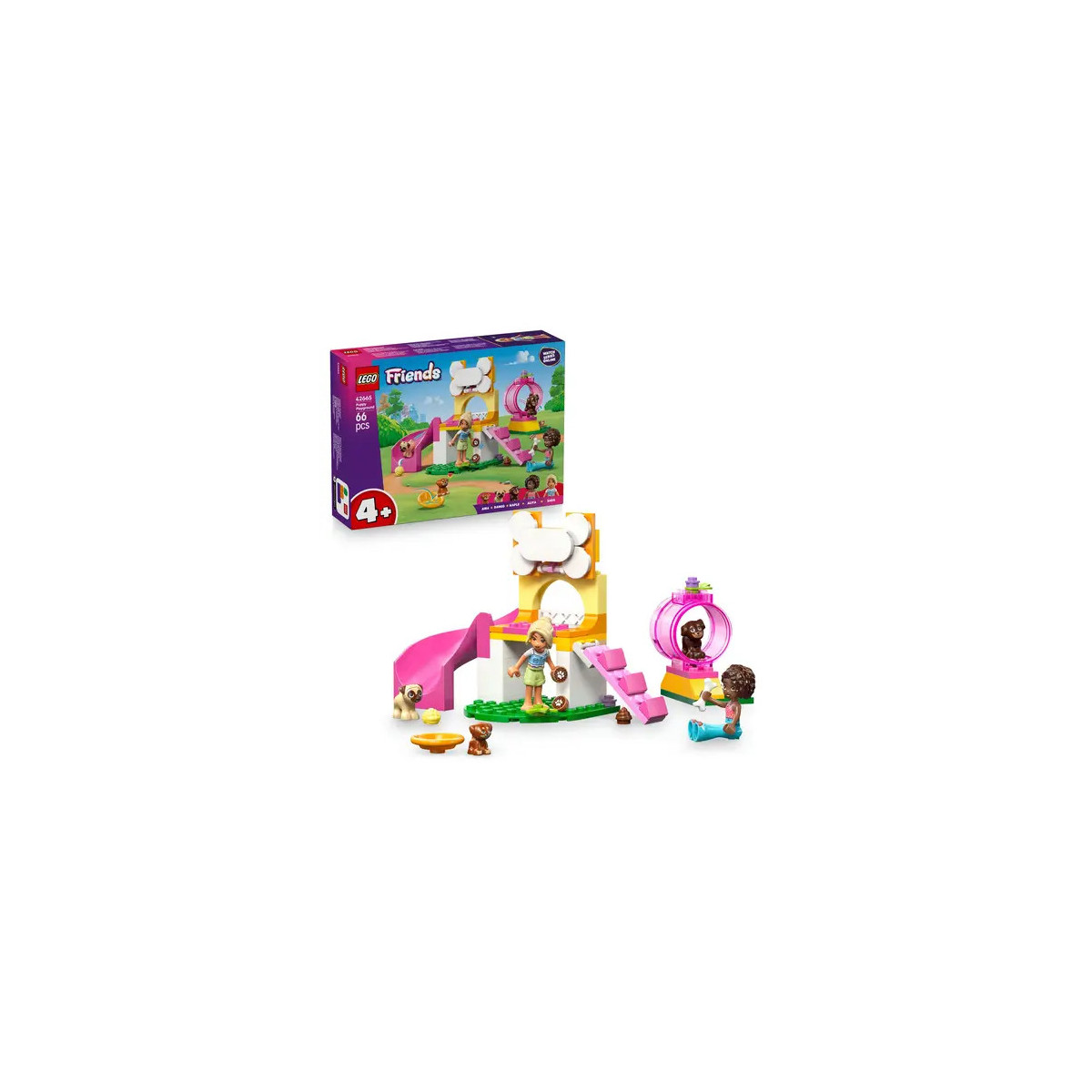 LEGO Friends Set mit Minifiguren, Tieren, pinker Rutsche und Zubehör; Verpackung im Hintergrund.