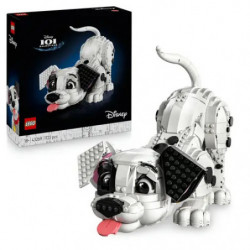 img_0:Das LEGO Disney Set 101 Dalmatiner enthält einen baubaren Dalmatiner-Welpen und die Produktverpackung im Hintergrund.