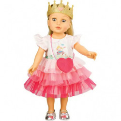 Rosa-weißes Kinderkleid mit Rüschen, goldener Krone und roter Herz-Handtasche.