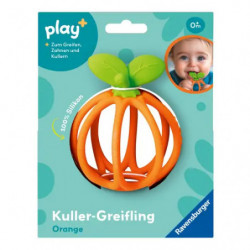 Orangenes Babygreifspielzeug in Kürbisform, verpackt, mit lächelndem Baby oben rechts abgebildet.